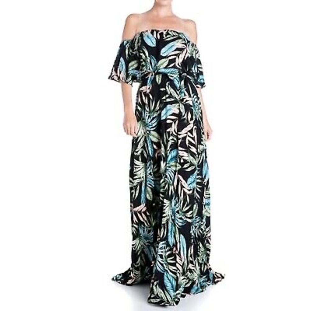 MEGHAN LOS ANGELES Black Tropical Print Off Shoulder Maxi Dress